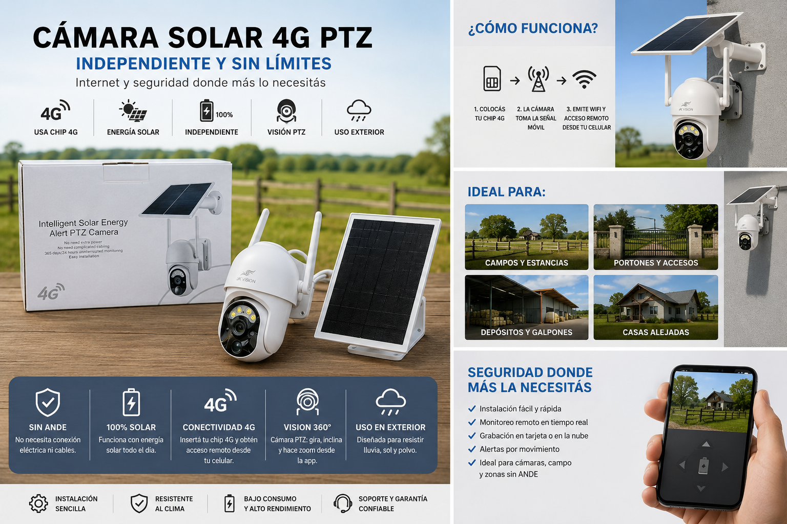 Cámara Solar 4G PTZ – Seguridad independiente para campo, portones y lugares sin ANDE